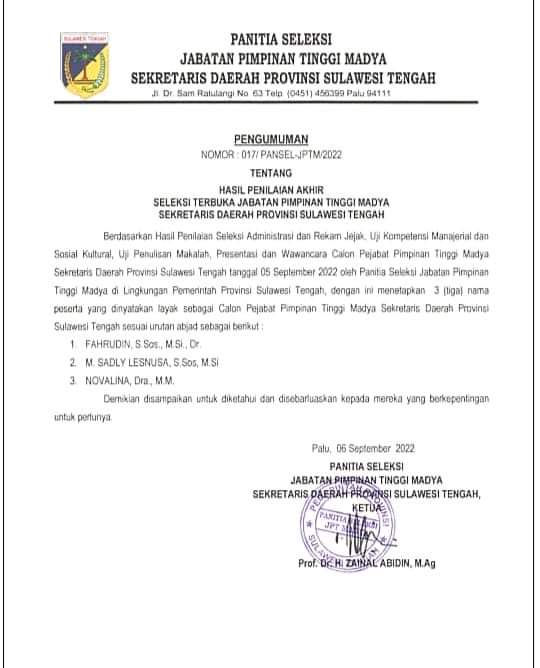 Pengumuman Resmi Pansel, Inilah Tiga Nama Calon Sekdaprov Sulteng 1 Sekdaprov Sulteng